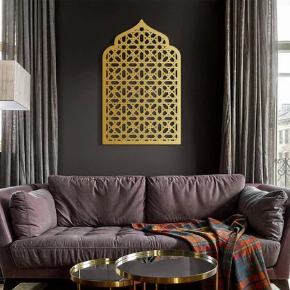 Riwaq Homes gold mihrab wall art in a living room